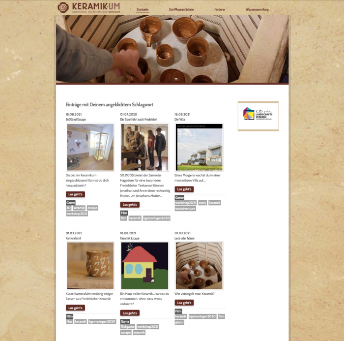 Der Screenshot zeigt die ersten sechs Ergebnisse der Suche nach dem Schlagwort Keramik in Form von anklickbaren Kacheln, die Ausschnitte aus dem jeweiligen Spiel oder Film zeigen