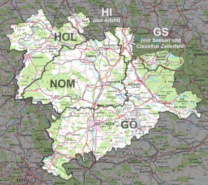Kartendarstellung des Verbandsgebietes: Das Gebiet umfasst die Landkreise Göttingen, Northeim und Holzminden, sowie das Gebiet der Gemeinde Clausthal Zellerfeld, die Städte Seesen und Alfeld.