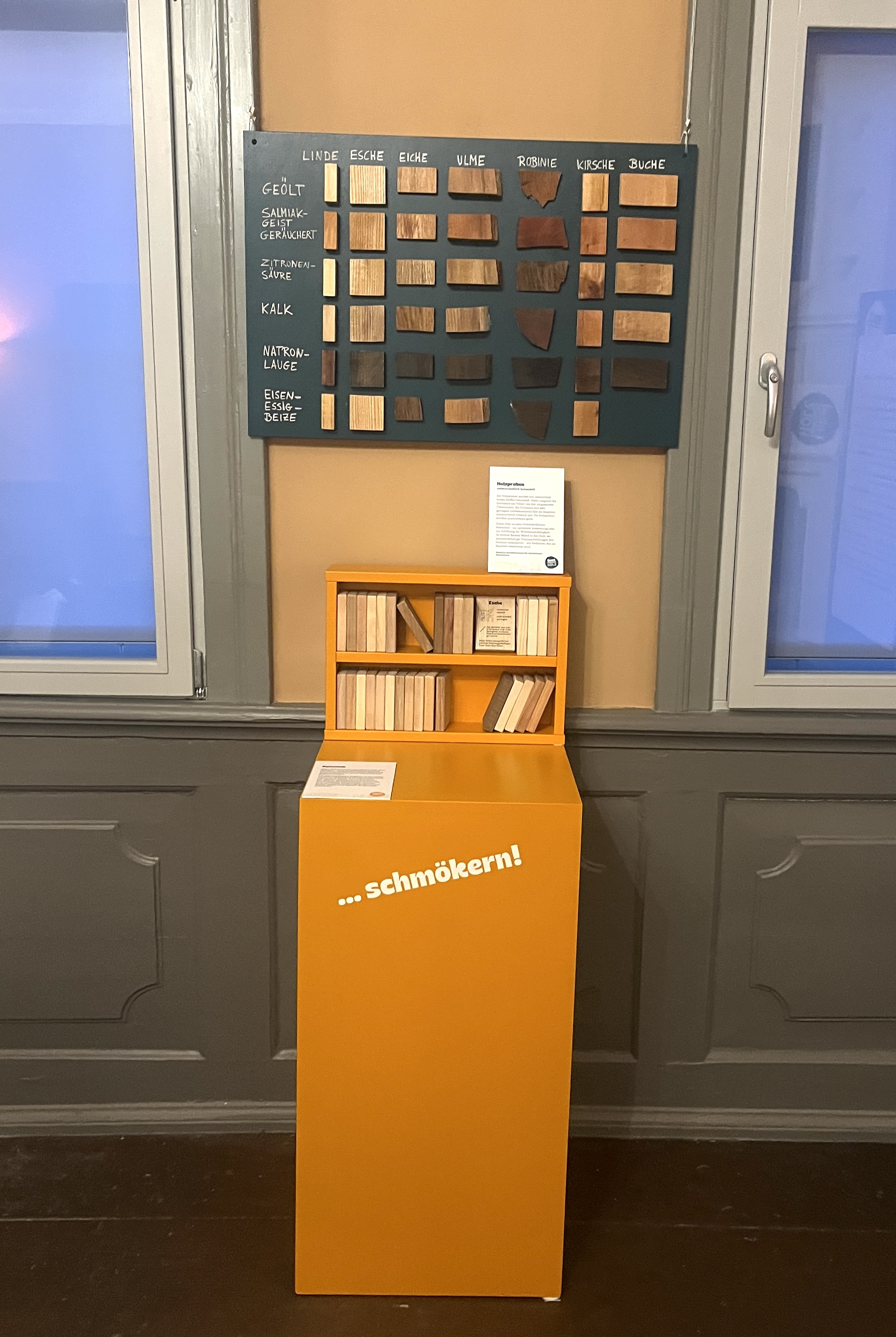 Auf einem orangenen Podest befindet sich ein kleines Regal mit vielen unbehandelten Brettchen aus verschiedenen Hölzern und Informationen zu ihren jeweiligen Eigenschaften. Darüber hängt eine grüne Tafel mit unterschiedlich behandelten Holzproben.
