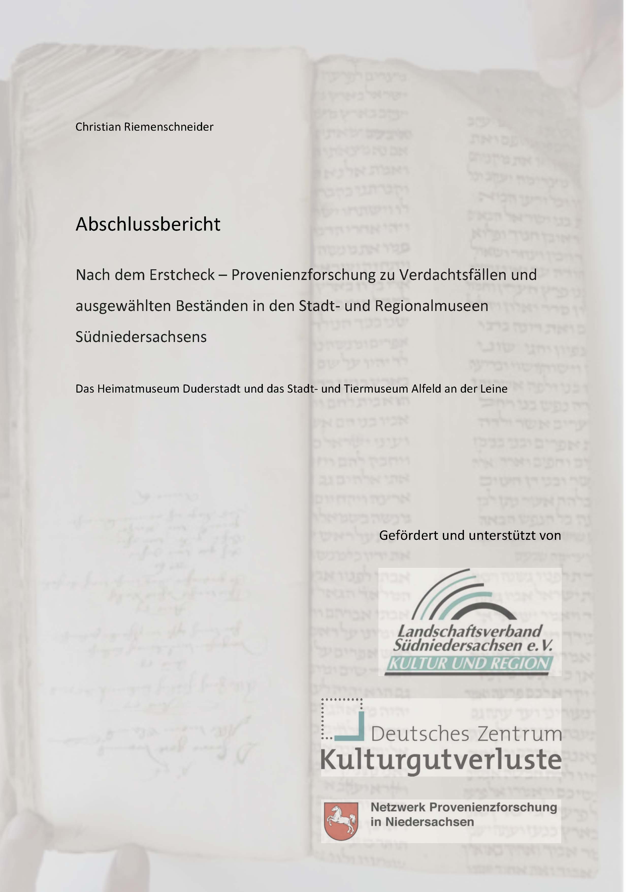 Titelblatt des Abschlussberichts zur Forschung in den Museen Duderstadt und Alfeld 2018